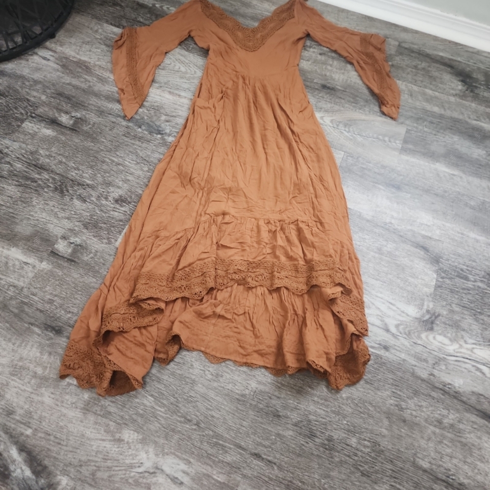 Joyfolie Terracotta High Low Dress with Lace Trim